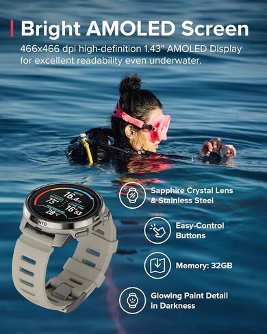 ساعة SUUNTO Ocean Dive للكمبيوتر والرياضة، شاشة AMOLED، مقاومة للماء حتى 100 متر، نظام تحديد المواقع العالمي مزدوج التردد، خريطة غير متصلة بالإنترنت، 95+ رياضة، تتبع جودة HRV والنوم، عمر البطارية 40 ساعة في وضع الغوص in Kuwait