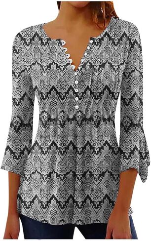 PBNBP Summer Tops for Women 2025 3/4 Sleeve V Neck Blouses Dressy Casual Tee Floral Henley Shirts Fashion Pleated Tunic Top in Saudi Arabia