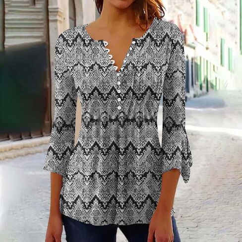 PBNBP Summer Tops for Women 2025 3/4 Sleeve V Neck Blouses Dressy Casual Tee Floral Henley Shirts Fashion Pleated Tunic Top in Saudi Arabia