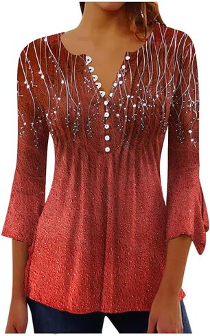 PBNBP Summer Tops for Women 2025 3/4 Sleeve V Neck Blouses Dressy Casual Tee Floral Henley Shirts Fashion Pleated Tunic Top in Saudi Arabia