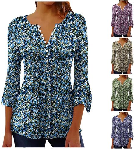 PBNBP Summer Tops for Women 2025 3/4 Sleeve V Neck Blouses Dressy Casual Tee Floral Henley Shirts Fashion Pleated Tunic Top in Saudi Arabia