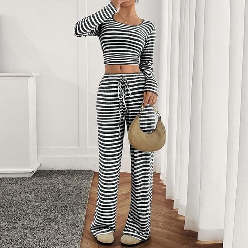 Striped Pajamas for Women Long Sleeve Pajama Set Casual Fleece Sleepwear Winter Loungwear Soft Nightwear in Saudi Arabia