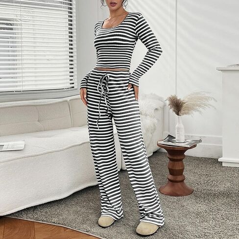 Striped Pajamas for Women Long Sleeve Pajama Set Casual Fleece Sleepwear Winter Loungwear Soft Nightwear in Saudi Arabia