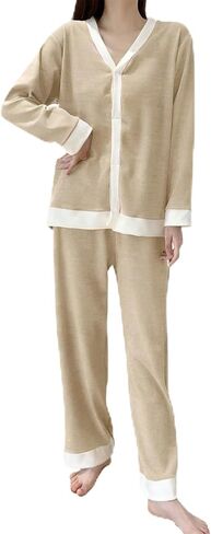 طقم بيجامة نسائي مكون من قطعتين بأكمام طويلة وأزرار سفلية، ملابس نوم كاجوال شتوية، ملابس نوم ناعمة in Kuwait