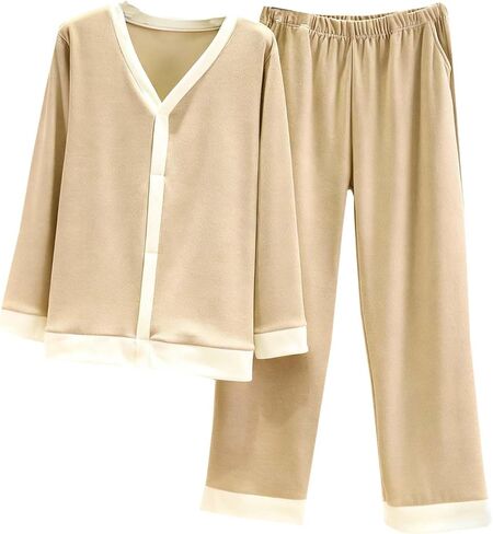 طقم بيجامة نسائي مكون من قطعتين بأكمام طويلة وأزرار سفلية، ملابس نوم كاجوال شتوية، ملابس نوم ناعمة in Kuwait