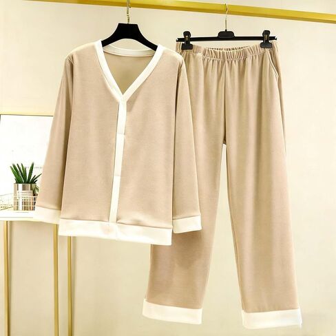 طقم بيجامة نسائي مكون من قطعتين بأكمام طويلة وأزرار سفلية، ملابس نوم كاجوال شتوية، ملابس نوم ناعمة in Kuwait