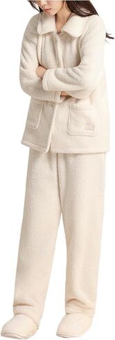 Pajama Sets for Women 2 Piece Button Down Sleepwear Fuzzy Loungewear Set Winter Warm Homewear Sets with Pockets in Saudi Arabia