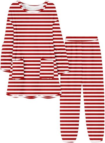 Pajama Sets for Women 2 Piece Striped Loungewear Set Plus Size Homewear Sets Winter Warm Sleepwear with Pockets in Saudi Arabia