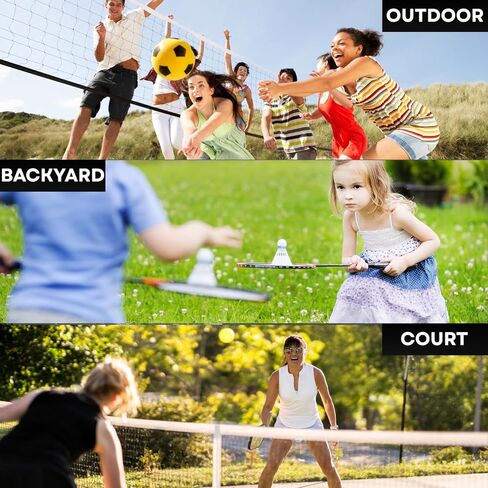 مجموعات كرة الريشة الكاملة (10أقدام/17أقدام) عرض قابل للتعديل، ارتفاع قابل للتعديل (2.8/5.1/7.4أقدام)، مجموعة كرة ريشة بيكلبول للكرة الطائرة مع شبكة، 4 مضارب + 4 مجاديف + كرة طائرة للعبة عائلية في الهواء الطلق. in Kuwait