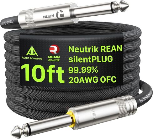 كابل جيتار صامت بطول 10 أقدام، Neutrik REAN SilentPLUG، مجدول من النايلون المقوى بالكيفلار، كتم صوت تلقائي 20 AWG 99.99% OFC 1/4 كابل أداة، سلك أمبير محمي بدون ضوضاء لجيتار الجهير in Kuwait