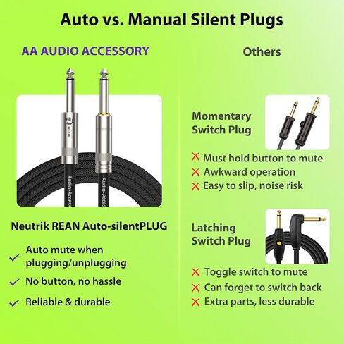 كابل جيتار صامت بطول 10 أقدام، Neutrik REAN SilentPLUG، مجدول من النايلون المقوى بالكيفلار، كتم صوت تلقائي 20 AWG 99.99% OFC 1/4 كابل أداة، سلك أمبير محمي بدون ضوضاء لجيتار الجهير in Kuwait