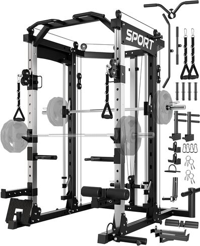 GarveeLife Smith Machine Home Gym، قفص طاقة برف القرفصاء بوزن 2200 رطل، محطة تمرين رياضية منزلية الكل في واحد مع شريط سميث، نظام سحب LAT للأسفل، نظام كروس الكابل والمزيد من الملحقات in Saudi Arabia