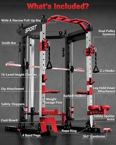 GarveeLife Smith Machine Home Gym، قفص طاقة برف القرفصاء بوزن 2200 رطل، محطة تمرين رياضية منزلية الكل في واحد مع شريط سميث، نظام سحب LAT للأسفل، نظام كروس الكابل والمزيد من الملحقات in Saudi Arabia