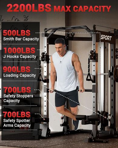 GarveeLife Smith Machine Home Gym، قفص طاقة برف القرفصاء بوزن 2200 رطل، محطة تمرين رياضية منزلية الكل في واحد مع شريط سميث، نظام سحب LAT للأسفل، نظام كروس الكابل والمزيد من الملحقات in Saudi Arabia