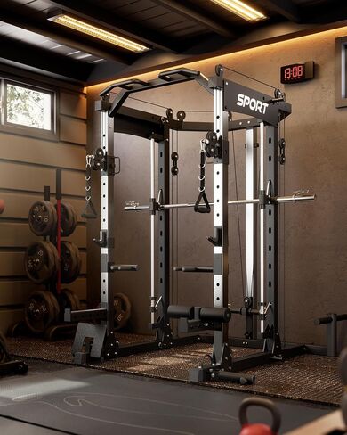 GarveeLife Smith Machine Home Gym، قفص طاقة برف القرفصاء بوزن 2200 رطل، محطة تمرين رياضية منزلية الكل في واحد مع شريط سميث، نظام سحب LAT للأسفل، نظام كروس الكابل والمزيد من الملحقات in Saudi Arabia