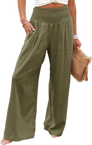 Womens Linen Palazzo Pants Lightweight High Waisted Wide Leg Pant Lounge Flowy Summer Boho Vacation Beach Pant Trousers in Saudi Arabia