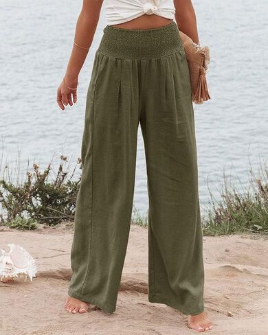 Womens Linen Palazzo Pants Lightweight High Waisted Wide Leg Pant Lounge Flowy Summer Boho Vacation Beach Pant Trousers in Saudi Arabia