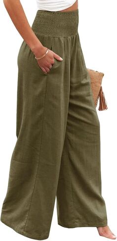 Womens Linen Palazzo Pants Lightweight High Waisted Wide Leg Pant Lounge Flowy Summer Boho Vacation Beach Pant Trousers in Saudi Arabia
