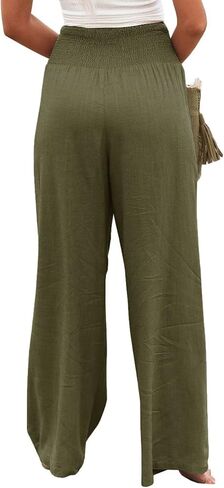 Womens Linen Palazzo Pants Lightweight High Waisted Wide Leg Pant Lounge Flowy Summer Boho Vacation Beach Pant Trousers in Saudi Arabia