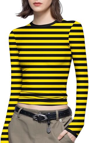 Base Layer Tops for Women Long Sleeve Pullover Striped Stretch Fitted Lightweight Thermal Shirts for Cold Weather S-5X in Saudi Arabia