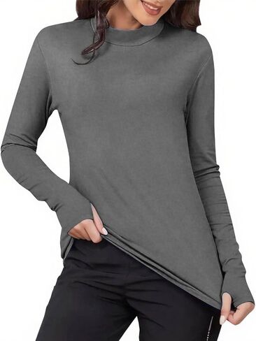 Long Sleeve Thermal Shirts for Women Cold Weather Basic Layer Mock Neck Underwear Warm Bottom Tops with Thumb Hole in Saudi Arabia