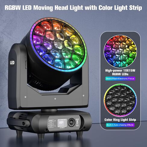 Moving Head Stage Light 19x15W RGBW 4 in 1 Focusing Bee Eyes + Light Strip with Zoom & Beam Effects,540° Pan/220° Tilt,DMX512 Control for DJ/Club/Concert Lighting/Bars/Dances in Saudi Arabia