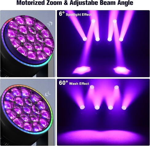 Moving Head Stage Light 19x15W RGBW 4 in 1 Focusing Bee Eyes + Light Strip with Zoom & Beam Effects,540° Pan/220° Tilt,DMX512 Control for DJ/Club/Concert Lighting/Bars/Dances in Saudi Arabia
