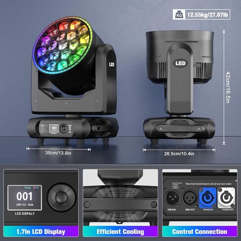 Moving Head Stage Light 19x15W RGBW 4 in 1 Focusing Bee Eyes + Light Strip with Zoom & Beam Effects,540° Pan/220° Tilt,DMX512 Control for DJ/Club/Concert Lighting/Bars/Dances in Saudi Arabia