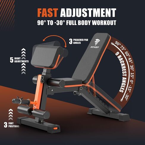 Adjustable Weight Bench - 1000LBS Capacity Heavy Duty Foldable Workout Bench for Full Body Exercise, Flat/Incline/Decline, Bench Press for Home Gym with Preacher Pad & Leg Extension in Saudi Arabia
