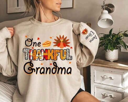 IZI POD Personalized Grandma Sweatshirt, One Thankful Grandma Turkey Thanksgiving Sweaters, Thanksgiving Sweatshirts Women in Saudi Arabia