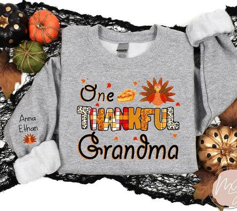 IZI POD Personalized Grandma Sweatshirt, One Thankful Grandma Turkey Thanksgiving Sweaters, Thanksgiving Sweatshirts Women in Saudi Arabia