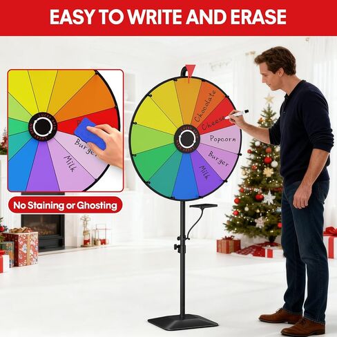 24 Inch Prize Wheel, Heavy Duty Spinning Wheel for Prizes, Adjustable 47"-61" Spin Wheel with Dry Erase Marker & Eraser, 12 Slots Colors Wheel Spinner with Stand for Party, Carnivals and Tradeshow in Saudi Arabia