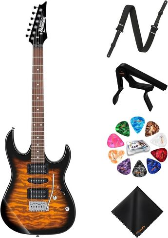 جيتار كهربائي ذو 6 أوتار من Ibanez (Sunburst) - باس اليد اليمنى مع حزام Powerpad GSF50، كابو سلسلة، 15 قطعة جيتار مع صندوق تخزين وقطعة قماش للتنظيف من الألياف الدقيقة (مجموعة الحزمة) in Saudi Arabia
