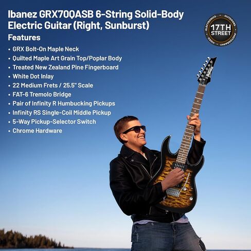 جيتار كهربائي ذو 6 أوتار من Ibanez (Sunburst) - باس اليد اليمنى مع حزام Powerpad GSF50، كابو سلسلة، 15 قطعة جيتار مع صندوق تخزين وقطعة قماش للتنظيف من الألياف الدقيقة (مجموعة الحزمة) in Saudi Arabia