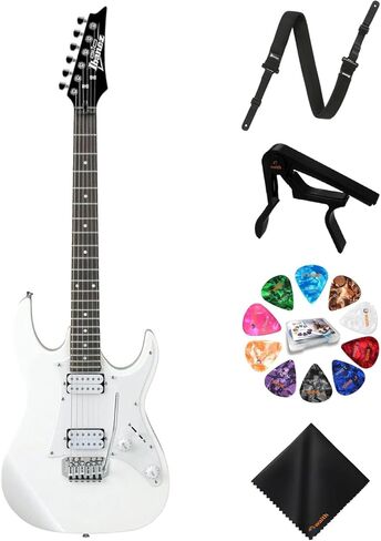 جيتار كهربائي ذو 6 أوتار من Ibanez (أبيض) - باس اليد اليمنى مع حزام Powerpad GSF50، كابو سلسلة، 15 قطعة جيتار مع صندوق تخزين وقطعة قماش للتنظيف من الألياف الدقيقة (مجموعة الحزمة) in Saudi Arabia