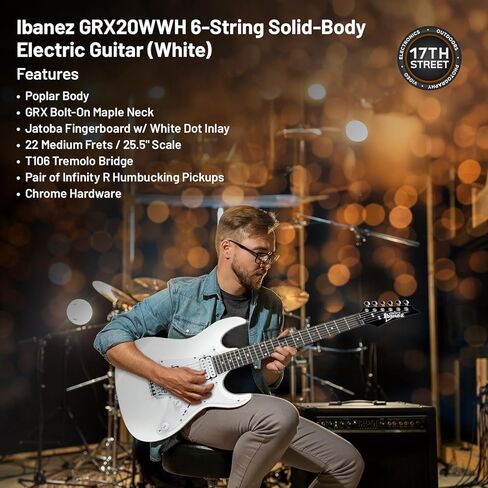 جيتار كهربائي ذو 6 أوتار من Ibanez (أبيض) - باس اليد اليمنى مع حزام Powerpad GSF50، كابو سلسلة، 15 قطعة جيتار مع صندوق تخزين وقطعة قماش للتنظيف من الألياف الدقيقة (مجموعة الحزمة) in Saudi Arabia