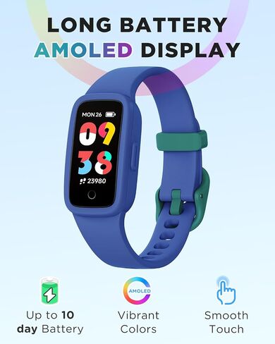 ساعة تعقب اللياقة البدنية للأطفال BIGGERFIVE Vigor 3، شاشة AMOLED، لا يوجد تطبيق لا يحتاج إلى هاتف، مقاومة للماء 3ATM، مراقب معدل ضربات القلب والنوم، ساعة عداد الخطى، عداد الخطوات الرياضية للأولاد والبنات الذين تتراوح أعمارهم بين 5-15 عامًا، أزرق in Kuwait