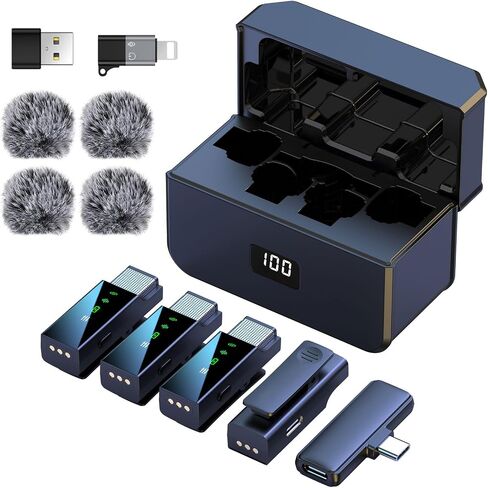 نظام ميكروفون لاسلكي Pro Lavalier Lapel لهاتف iPhone Android والكمبيوتر المحمول مع USB C/Lightning، 48 كيلو هرتز 24 بت، بطارية 30 ساعة، تردد، إلغاء الضوضاء لتسجيل الفيديو، بودكاست ستريم Vlog in Saudi Arabia