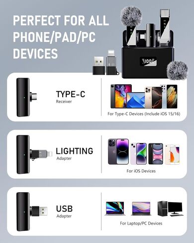 Pro 4 Wireless Lavalier Lapel Microphone System for iPhone Android Phone PC Laptop with USB C/Lightning, 48KHz 24Bit, 30H Battery,Reverb,Noise Cancelling for Video Recording Podcast Stream Vlog in Saudi Arabia