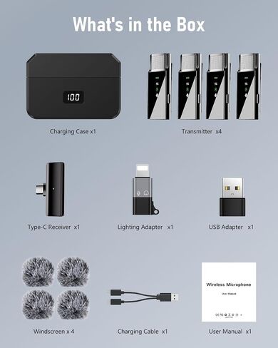 نظام ميكروفون لاسلكي Pro Lavalier Lapel لهاتف iPhone Android والكمبيوتر المحمول مع USB C/Lightning، 48 كيلو هرتز 24 بت، بطارية 30 ساعة، تردد، إلغاء الضوضاء لتسجيل الفيديو، بودكاست ستريم Vlog in Saudi Arabia