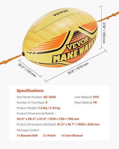 VEVOR Booster Ball, Towable Tube Rope Performance Ball, Thickened PVC Inflatable Booster Balls for Boating and Water Sports - with High Tensile Strength Rope and Speed Safety Valve in Kuwait