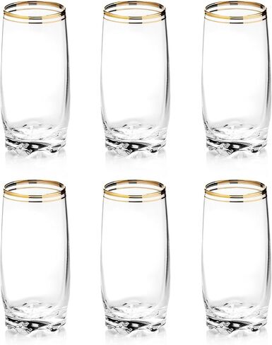 13.25 Oz Gold Glass Cup (Set of 6) - Elegant Drinking Glasses with Gold Accented Rim, Durable Glassware for Entertaining, Dining, Everyday Use - Ideal for Cocktails & Beverages in Saudi Arabia
