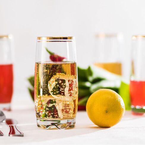 13.25 Oz Gold Glass Cup (Set of 6) - Elegant Drinking Glasses with Gold Accented Rim, Durable Glassware for Entertaining, Dining, Everyday Use - Ideal for Cocktails & Beverages in Saudi Arabia