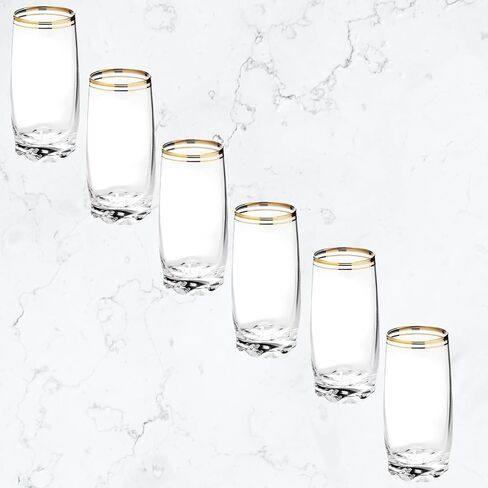 13.25 Oz Gold Glass Cup (Set of 6) - Elegant Drinking Glasses with Gold Accented Rim, Durable Glassware for Entertaining, Dining, Everyday Use - Ideal for Cocktails & Beverages in Saudi Arabia
