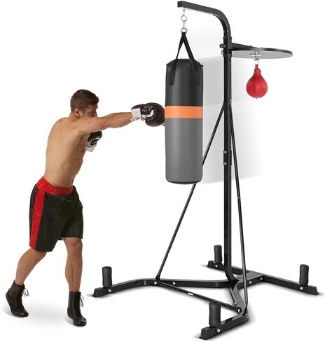 GYMAX Punching Bag with Stand Adult, Freestanding Boxing Machine with Height Adjustable Speed Ball & Sandbag, Pre Filled Heavy Punching Bag for Adults, Kickboxing Bag for Training MMA Muay Thai in Saudi Arabia