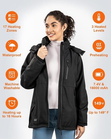سترة تدفئة للنساء مع حزمة Bαtterγ، معطف تدفئة كهربائي شتوي خارجي ناعم مع غطاء رأس قابل للفصل in Kuwait