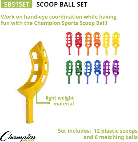 Champion Sports SBS1SET Scoop Ball Set, Plastic, Assorted Colors, 2 Scoops/1 Ball Per Set, 6 Sets in Kuwait