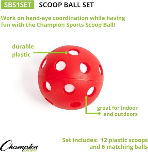 Champion Sports SBS1SET Scoop Ball Set, Plastic, Assorted Colors, 2 Scoops/1 Ball Per Set, 6 Sets in Kuwait