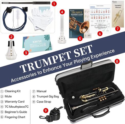 Kmise Bb Standard Trumpet, Premium Brass Trumpets for Student Beginner, Trumpet Instrument Set with Upgraded Case, 7C Mouthpiece, Mute, Beginner's Guide Kit, Cleaning Kit (Gold) in Saudi Arabia