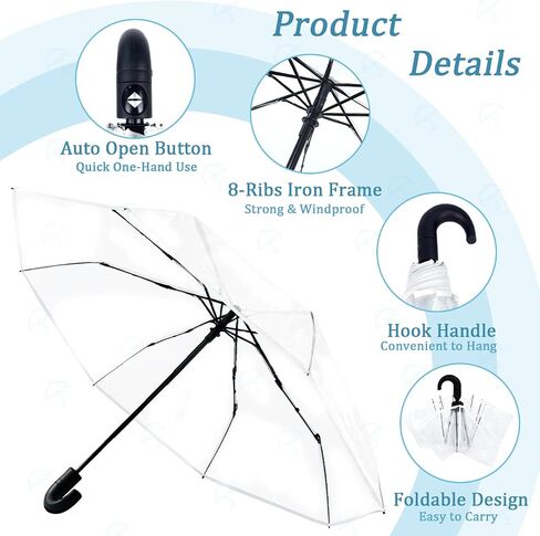 Clear Wedding Umbrellas, Portable Auto Open Close Transparent Design, Durable High-Visibility Folding Rain Umbrellas for Photography, Party, Travel, Golf, Outdoor Events in Kuwait